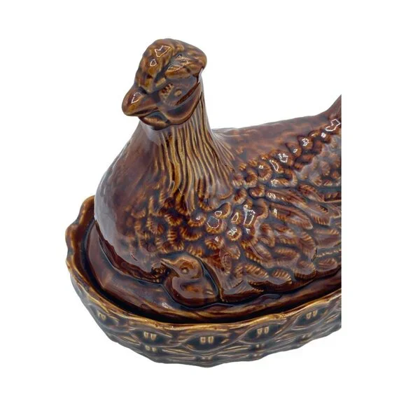 Vintage Portmeirion (?) Ceramic Hen on Nest w/2 Chicks Size 3-Medium MCM Brown - Picture 11 of 13